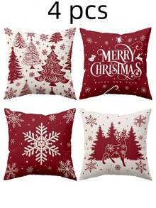 1/4pcs New Christmas Pattern Pillowcase, Christmas-Themed Throw Pillow Cover, Decorative Pillow Cover, Square Pillowcase, Christmas Decoration, Suitable For Living Room, Sofa, And Bedroom Party Decor, Pillow Insert Not Included 18x18 Inches - Red - View 10