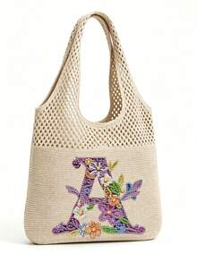 LFIRSTL Women's Crochet Tote Bag | 26 Personalized Initial Options, Bohemian Floral Mesh Beach Bag, Large Capacity Knitted Shoulder Handbag, Suitable For Summer Vacation, Travel And Daily Commute - Khaki - View 1
