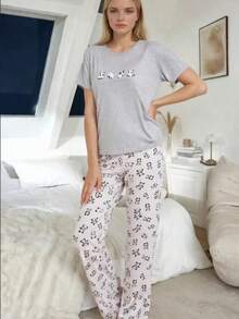 Kadın baskılı pıjama altı ve tshirt - 灰色 - 查看 3