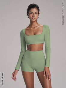 Stylish And Minimalist 2-Piece Sports Set For Women, Featuring A Versatile And Comfortable Long-Sleeved Top For Yoga, Outdoor Activities, And Running. - Hijau - View 1