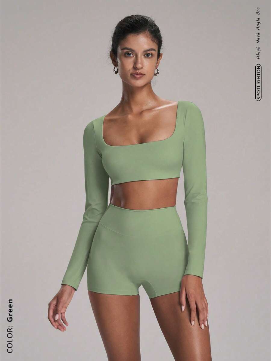 Stylish And Minimalist 2-Piece Sports Set For Women, Featuring A Versatile And Comfortable Long-Sleeved Top For Yoga, Outdoor Activities, And Running. - Hijau - View 1