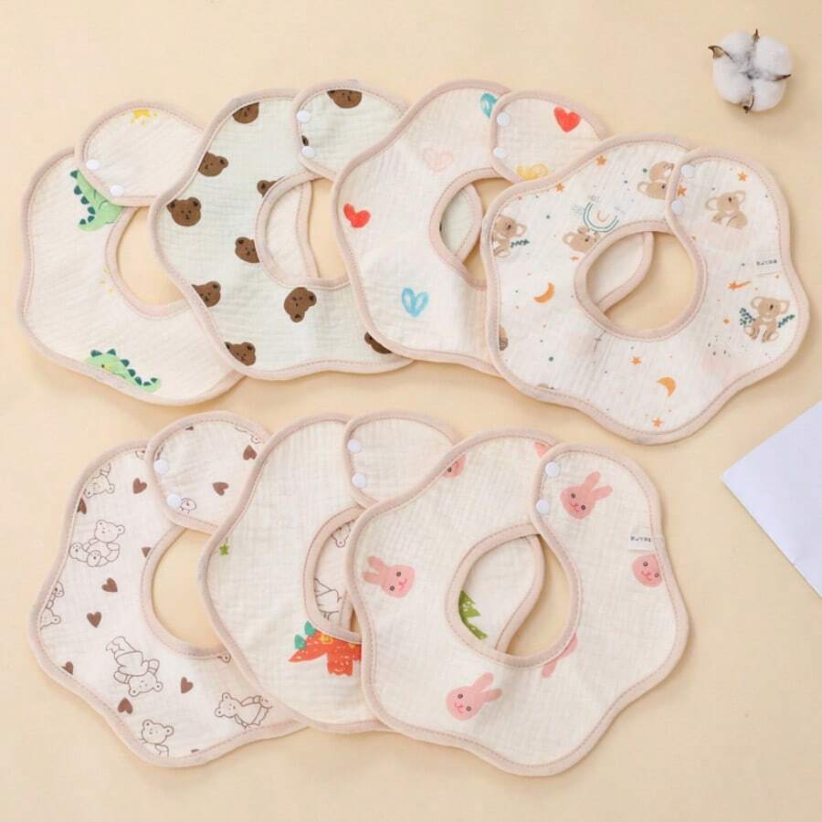 3pcs/5pcs Newborn Cartoon Petal Bibs, Baby Drool Bibs, Teething And Feeding Bibs To Keep Clothes Dry, 360 Degree Rotatable Portable Bibs For Baby Boys And Girls, Multiple Patterns Randomly Selected - Beige - View 1