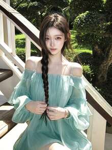 Autumn Women's Ruffle Trim Spaghetti Strap Dress, Cool & Elegant, Suitable For Summer - Cadet Blue - View 2