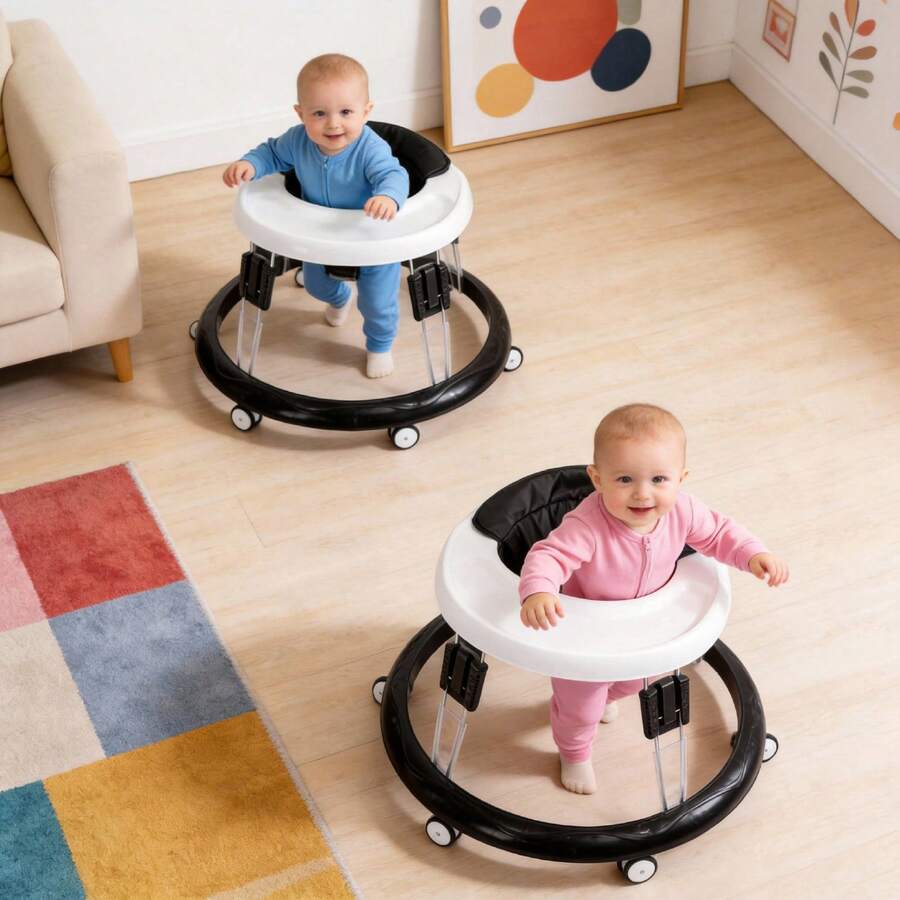Foldable Baby Walker, Lightweight Compact Round Toddler Walking Helper, Space Saving Easy Store Baby Learning Walk Toy - Black and White - View 1