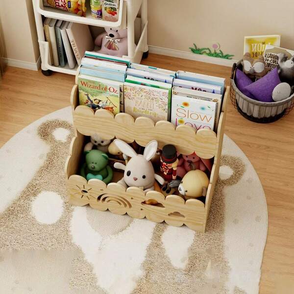 Estantería de almacenamiento de doble uso con borde ondulado de madera para muñecas & libros de imágenes de niños, organizador de estantería de exhibición para bebés, solución de decoración del hogar con cesta de juguetes para niños