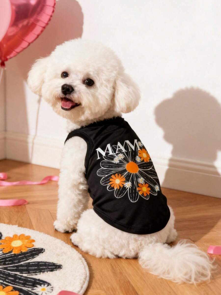 1 buah Rompi Hewan Peliharaan Motif Bunga Daisy Musim Panas dengan Tulisan "Mama", Anti Kutu Fisik, Mengurangi Kerontokan Bulu, Isolasi Panas & Bernapas, Cocok untuk Anjing & Kucing Kecil & Sedang, Penggunaan di Dalam & Luar Ruangan - Hitam - View 1