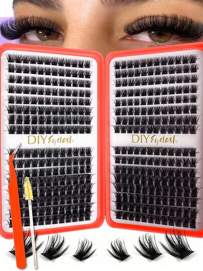 384pcs D-Curl 9-16mm Wide Stem DIY False Eyelash Clusters, Natural & Thick, Reusable, Suitable For Daily Life, Wedding, Date, Party, Music Festival, Spring, Travel