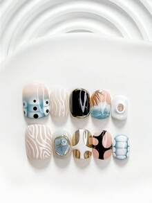 10件夏季島嶼風手工穿戴甲，Polygel美甲套組，手繪波浪圖案，藍色、白色、黑色指甲油，夢幻風格，附美甲工具，3種尺寸可選，方型、短方型、杏仁形，適合派對、跳舞、日常配戴 - 彩色 - 查看 2