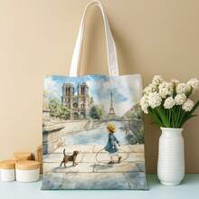 1 buah Tas Tote Romantis Paris Impresionis, Menampilkan Gambar Gadis Berjalan dengan Anjing di Bawah Menara Eiffel, Tas Belanja yang Dapat Digunakan Kembali, Cetak Dua Sisi Multifungsi, Desain Kasual, Sempurna untuk Pecinta Buku - MultiWarna - View 1