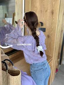 A Light Apricot-Colored Ruffled Off-Shoulder Blouse, A New Summer Style, An Irregularly Shaped Short Off-Shoulder Top. - Purple - View 10