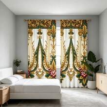 Amerikanischer Stil 2er/Set, luxuriöse goldgrüne Blumenmuster Vorhänge, bedruckte Polyester Vorhänge, geeignet für Wohnzimmer, halbtransparent maschinenwaschbar, Vorhänge mit Stangendurchzug, ungefütterter Stoff, geeignet für alle Jahreszeiten - Verschiedenfarbig - Übersicht 6