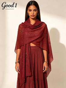 1pc High-End Starry Embroidered Shawl, Middle Eastern Muslim Headscarf, Wedding & Formal Event Accessory - Red Violet - View 3