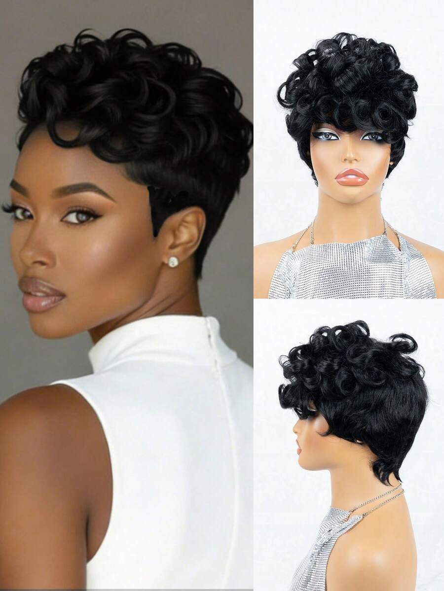Chic Loose Wave Brazilian Human Hair Pixie Haircut Wig For Women/Ladies Full Machine Made Wig High Density 150% Density Basic No Lace Wig With Curly Bangs Elastic Net Cap Suitable For Party & Daily