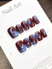 Handmade Fall Nails Artistic Short Square Press-On Nails, Wine Red Base With Misty Blue Ink Swirl Marble Pattern And Hand-Painted White Lines. Abstract Fluid Art Design, Elegant And Versatile For Autumn Daily Wear. - Chocolate Brown - View 4
