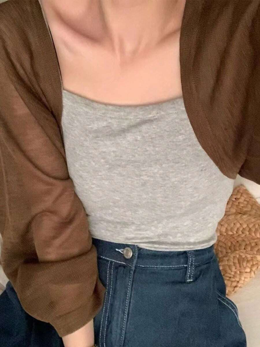 夏の婦人服コーナー：夏の韓国ファッション婦人服、フレンチスタイルのショート丈カーディガン、アイスシルクニットの日焼け止めカーディガン、薄手のショール、夏の新作、多用途デザイン、個性的なアウターウェアトップス、カバーアップ。 - コーヒーブラウン(1枚入り) - チェックする 1