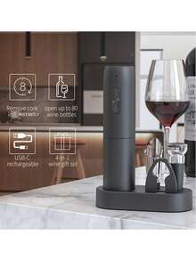 Electric Wine Opener Set With Storage Base, Cordless Automatic Corkscrew With LED Light, Includes Foil Cutter, Wine Pourer, 1 Vacuum Preservation Stopper, Reusable Portable Electric Bottle Opener Kit, Black - 黑色 - 查看 6