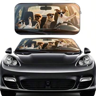 1 pezzo Parasole per auto con 4 cani carini e divertenti, protezione solare alla moda per donne, realizzato in fibra di poliestere, adatto per vari modelli di auto per il parabrezza anteriore, isolamento termico e protezione della privacy, mantiene la tua auto fresca, pieghevole per una facile conservazione