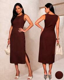 Women's Midi Dress Elegant Casual Buttons Front Simple Button - 鏽棕色 - 查看 3