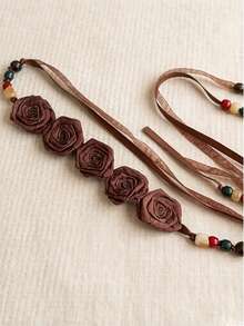 1pc Women's Bohemian Floral Waist Belt, Brown Fabric Rose With Colorful Beaded Ribbon Tie, Adjustable Waist Chain, Suitable For Daily And Party Wear - Multicolor - View 5