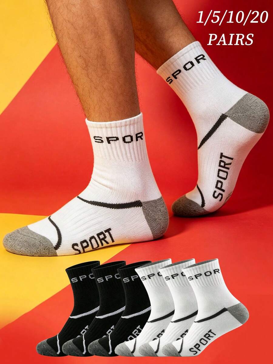1/5/10/20 Pairs Men's Sport Letter Socks, Comfortable Soft Breathable Athletic Socks, Casual Running Socks - Multicolor - View 1