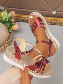 Sandalias de cuña y plataforma para mujer, unicolor, para playa y vacaciones, con hebilla, punta abierta, cómodas y de aumento de altura, nuevo estilo de verano - Burdeos - Ver 7