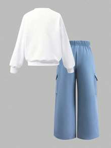 Youth Girl Cartoon Print Warm Crew Neck Sweatshirt And Cargo Pants - White - View 3
