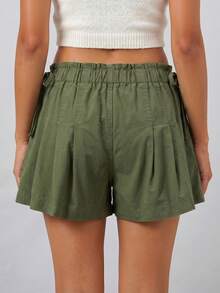 Womens Summer Denim Skorts Casual Loose Fit Stylish Pleated Solid Color Drawstring Elastic Mid Rise Shorts - Army Green - View 5