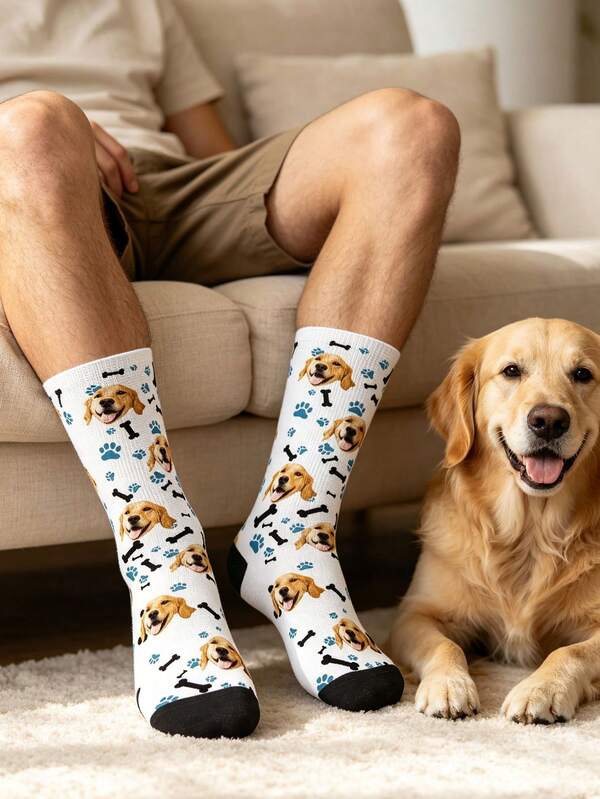 Unisex Crew Socks, White Body With Black Toe Cap, Printed With Blue Paw Prints And Black Bone Patterns, Supports Custom Pet Face Photo Printing