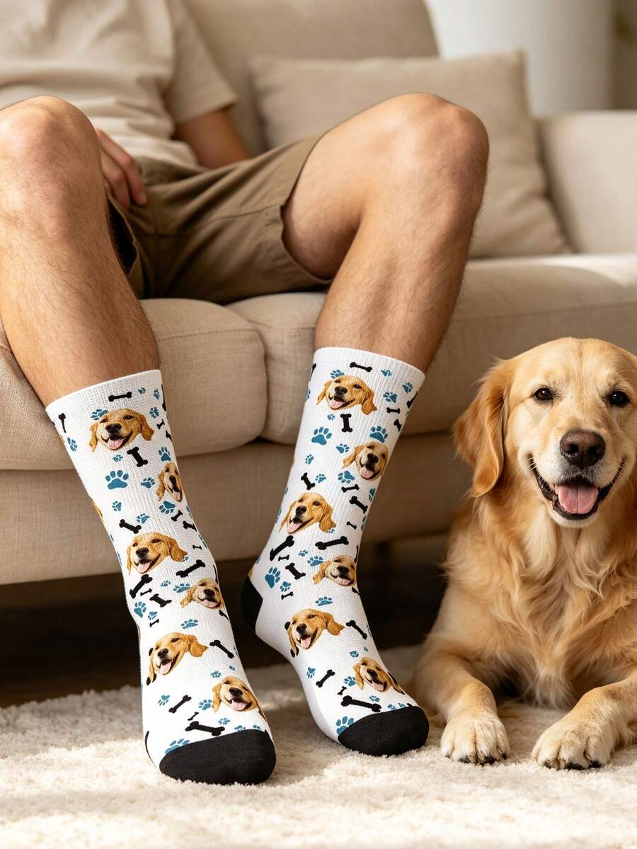 Kaos Kaki Unisex, Badan Putih dengan Ujung Jari Kaki Hitam, Dicetak dengan Jejak Kaki Biru dan Pola Tulang Hitam, Mendukung Pencetakan Foto Wajah Hewan Peliharaan Kustom - MultiWarna - View 1