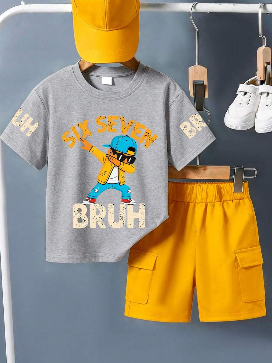 2pcs Boys' Casual Outfit, Round Neck Short Sleeve T-Shirt And Shorts With Fun Numeric And Cool Cartoon Patterns, Suitable For Summer Wear - Grey - View 1