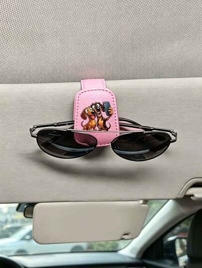 2pcs Cartoon Dachshund Car Sunglasses Holder Visor Clip Eyewear Storage Rack Portable Driving Glasses Fixer