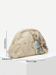SIA 女款復古極簡鉤編海灘包，刺繡 3D 花卉珠飾裝飾，大容量抓皺雲朵手拿包，適用於街頭、派對與日常穿搭的晚宴包 - 杏色 - 查看 6