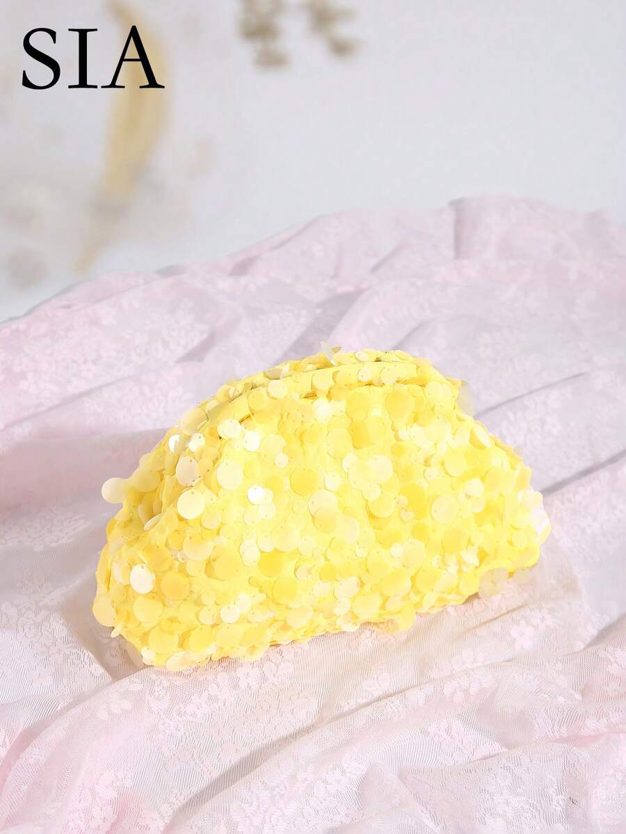 SIA 女款復古極簡鉤編海灘包,刺繡 3D 花卉珠飾裝飾,大容量壓褶雲朵手拿包,適用於街頭、派對與日常穿搭的晚宴包 - 黃色 - 查看 1