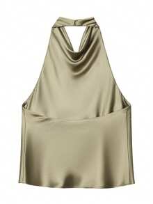 Top de satén de unicolor con cuello halter y espalda descubierta para primavera/verano - Verde militar - Ver 3