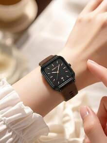 1pc Rebirth Brand Women Silicone Strap Quartz Watch With Simple Fashion Calendar, Suitable For Daily Decoration - Coffee Brown - View 6