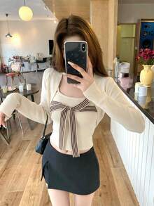 Autumn/Winter Sweet Minimalist Sexy Style Striped Bow Camisole + Short Knit Cardigan 2pcs Set Women's Clothing, New Year Atmosphere Autumn Outfit - Apricot - View 7