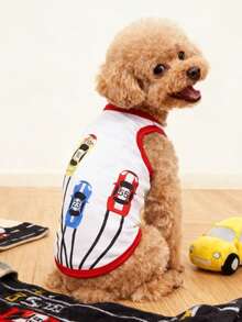 1件裝賽車趣味圖案寵物背心，適合吉娃娃小型犬，物理防蚤，基礎層寵物狗衣，時尚貓狗通用背心，室內外適用 - 白色 - 查看 6