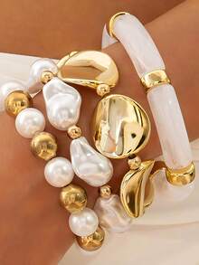 Set de 4 pulseras básicas de moda con cuentas de perlas falsas para mujer, para vacaciones de verano, citas, regalo, uso diario casual, fiestas y bodas - Amarillo Oro - Ver 3