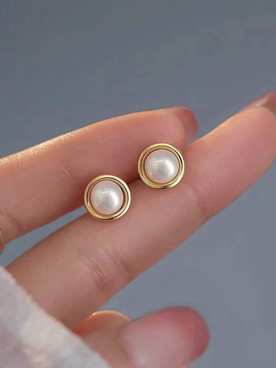 VJS 1 Pair/2pcs Minimalist Vintage Round Button Faux Pearl Earrings, Women's Stainless Steel Jewelry (No Box) - Yellow Gold - View 1