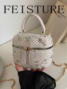 Mini Embroidered Chain Bag, Handheld Bucket Bag, Suitable For Girls, Women, College Students, New Professionals And White-Collar Workers, Perfect For Work, Business, Commuting, School - White - View 2