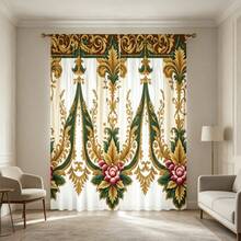 Amerikanischer Stil 2er/Set, luxuriöse goldgrüne Blumenmuster Vorhänge, bedruckte Polyester Vorhänge, geeignet für Wohnzimmer, halbtransparent maschinenwaschbar, Vorhänge mit Stangendurchzug, ungefütterter Stoff, geeignet für alle Jahreszeiten - Verschiedenfarbig - Übersicht 1