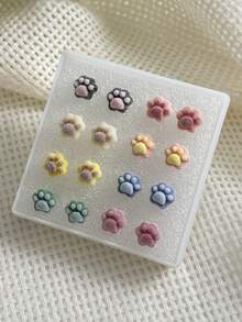 8 Pairs Boxed Cute Multicolor Flocked Cat Paw Pattern Stud Earrings For Women, Suitable For Daily Casual Wear, Perfect As Holiday Gift For Friends - Multicolor - View 3