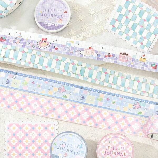 1 Roll Silver Foil Washi Tape, Floral Tile Diary Series Fresh Plaid Pattern, Petal/Cake/Bird/Heart Pattern, Southeast Asian Style Hand-Drawn Illustration Stickers, Suitable For DIY Collage Decoration Of Scrapbooks, Photo Albums, Scrapbooks, Diaries, Handmade Class Assignment Decoration Borders, Essential Student Stationery For Back To School Season