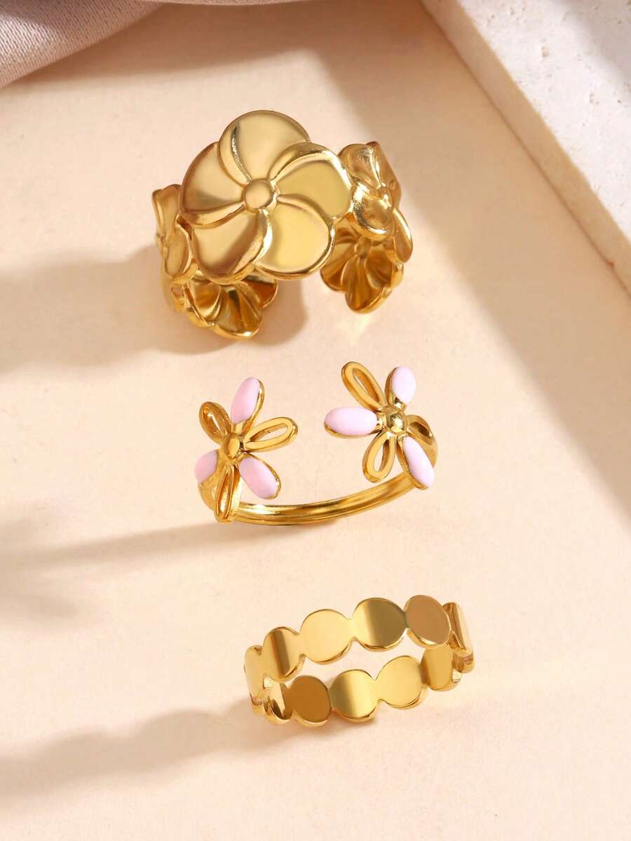 3pcs/Set Stainless Steel 18K Gold Plated Flower Ring, Pink Drip Oil Open Ring, Oval Plain Band Ring, Suitable For Women's Daily Wear - Multicolor - View 1