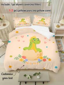 2/3pcs Customizable Dinosaur Baby Print Children's Duvet Cover Set, Cute Cartoon Style Skin-Friendly Polyester Bedding Set, Personalized Name Printing, Machine Washable, Suitable For Children's Bedroom, Birthday Party, All Seasons - Multicolor - View 1
