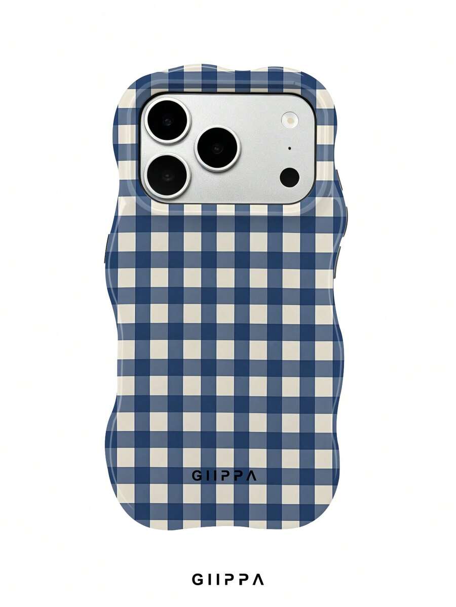 GIIPPA 1件藍白不對稱格紋設計波浪手機殼,適用於Phone 17 Pro Max,相容Phone 16 Pro Max、15 Pro Max、14 Pro Max、11/12/13/14/15/16 Pro Max Plus,韓系高端時尚趣味手機殼,優雅設計男女皆宜,送女友的完美禮物,適合聖誕節、情人節、復活節、婚禮季與生日 - 彩色 - 查看 1