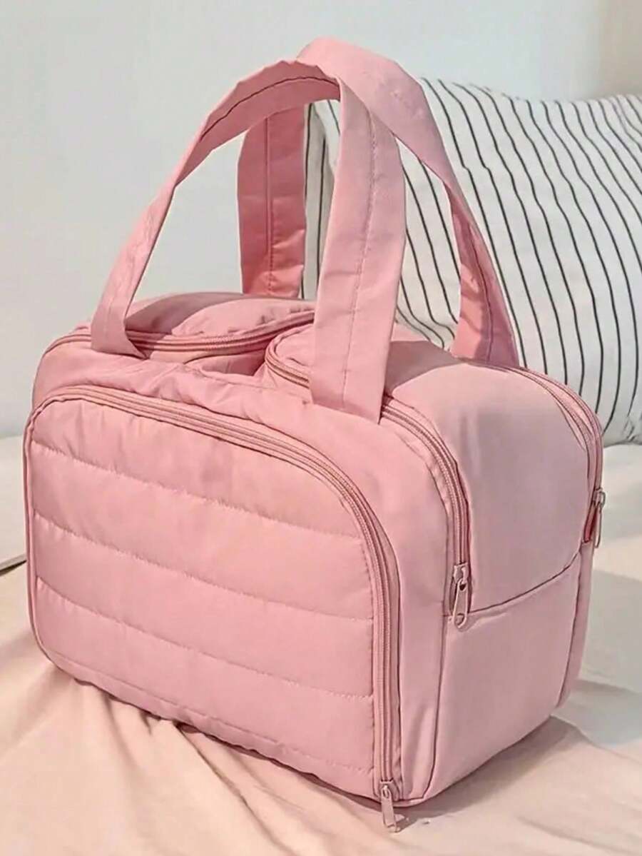 Nueva bolsa de maquillaje de viaje vertical, diseño de gran capacidad y de múltiples capas con asa, organizador portátil de artículos de tocador para mujeres