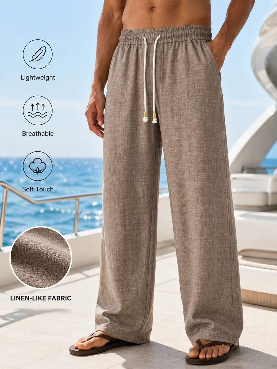 1pc Apricot Men's Faux Linen Touch Straight Leg Pants, Drawstring Elastic Waist Beach Pants, Vacation Style, Machine Washable, Loose Fit, Casual Lazy Men's Pants, Suitable For Summer Vacation Beach Trips, Style Runs Large. Please Size Down For A Better Fit - Coffee Brown - View 1