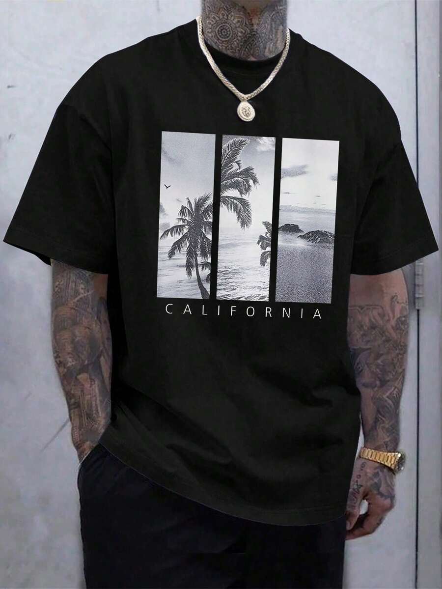 Men's Tropical Print T-Shirt - Black - View 1