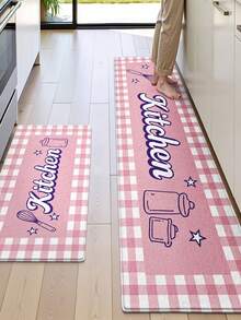 1 pieza, Alfombra de cocina de estilo Ins innovadora con cuadros rosa y blanco, alfombra de cocina de lujo nórdico con letras, alfombra de cocina, alfombra antideslizante larga para pies con estilo femenino, alfombra de pasillo de cocina con utensilios de cocina de dibujos animados - Material de franela suave, cómodo y resistente a las manchas, peso aprox. 850g/㎡ - Perfecta para decoración del hogar, alfombra de cocina, alfombra de cocina, alfombra de sala de estar, alfombra de dormitorio, alfombra de lado de la cama, alfombra de estudio, alfombra de comedor, alfombra de baño - Multicolor - Ver 3